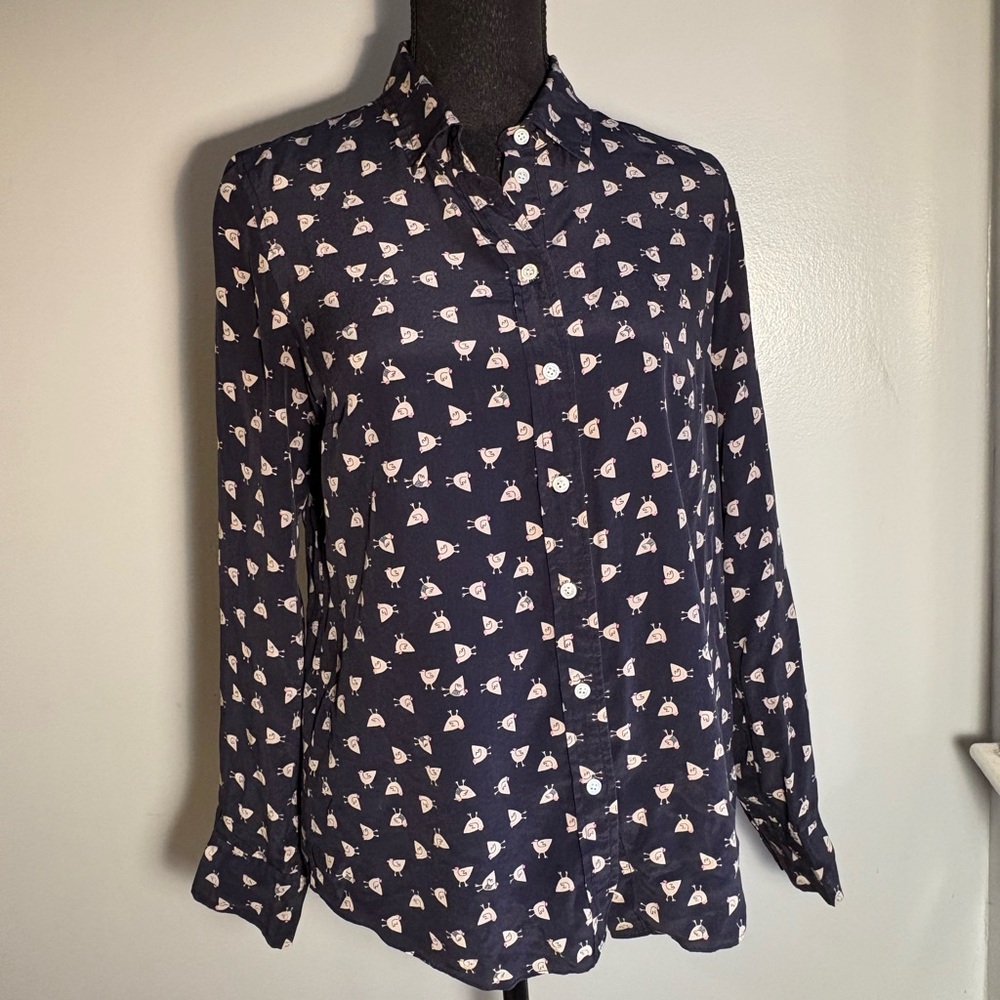 J. Crew Navy Blue Button Down Shirt with White Chicken Pattern - Size 6